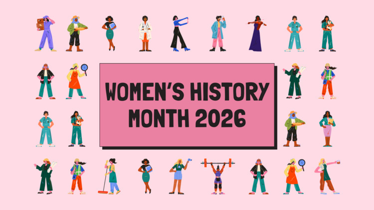 Pink background features diverse women in various outfits and poses. Text at the top reads "Women's History Month 2026."