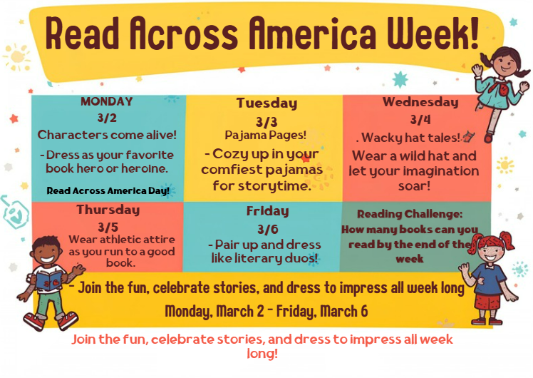 Bright graphic with activities for Read Across America Week. Text and images of children suggest dressing up and reading.