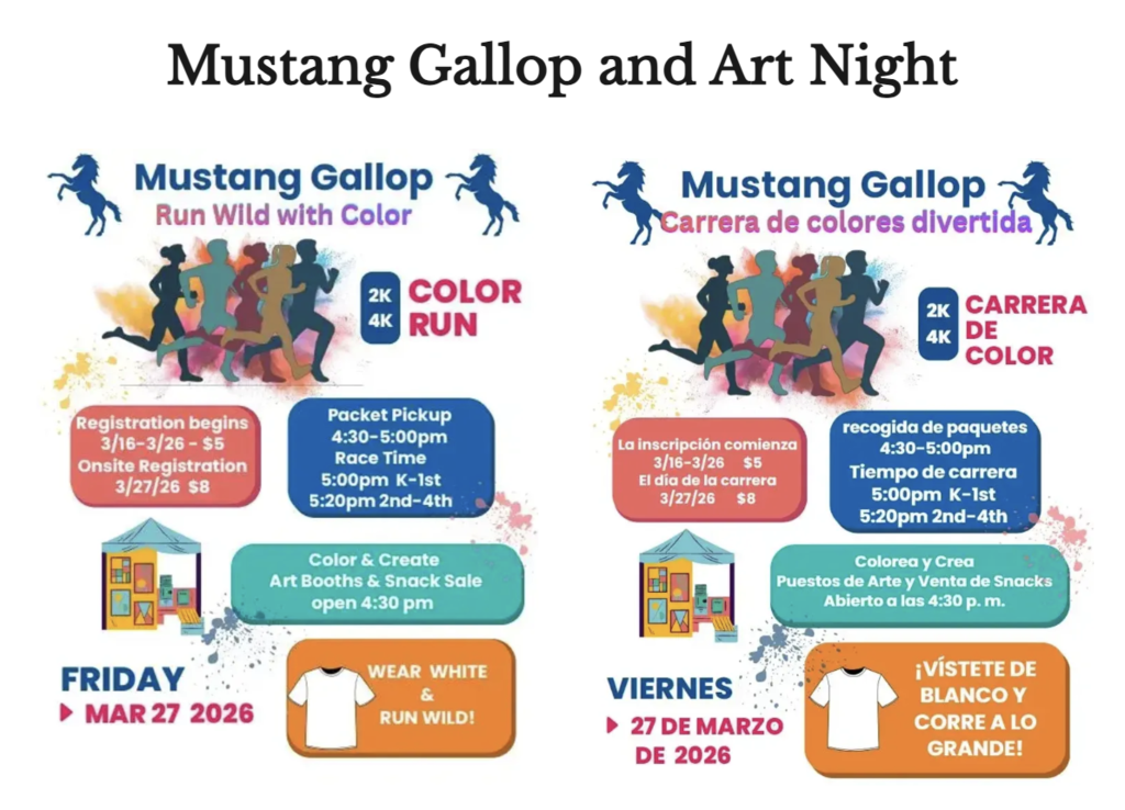 A flyer with two columns. Left column reads "Mustang Gallop Run Wild with Color" with date and time. Right column reads "Mustang Gallop Carrera de colores divertida" with time and date.
