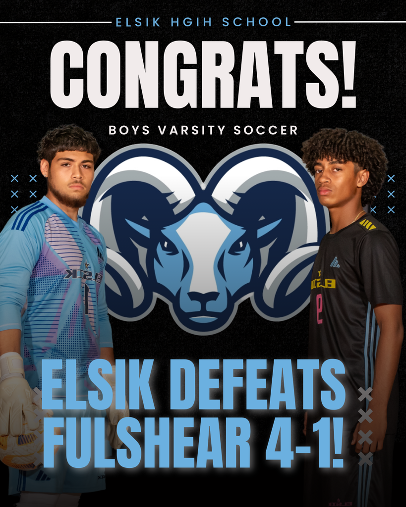 Black background with a ram logo. Two young men wearing soccer uniforms, one holding a ball, stand beside the logo.
