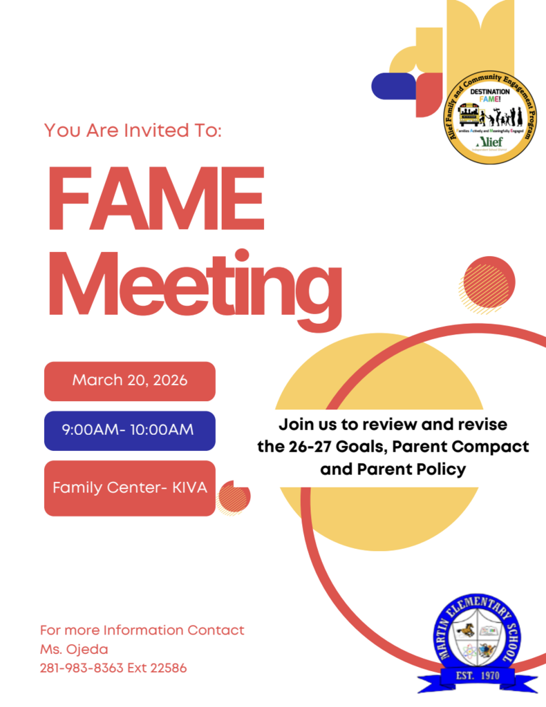 Invitation to FAME Meeting. Date: March 20, 2026. Time: 9:00AM-10:00AM. Location: Family Center-KIVA. Review 26-27 Goals, Parent Compact, and Parent Policy.