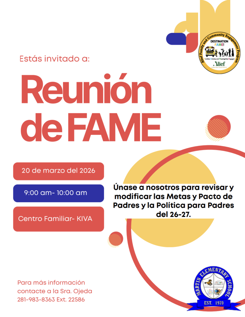 Invitation to FAME Meeting. Date: March 20, 2026. Time: 9:00AM-10:00AM. Location: Family Center-KIVA. Review 26-27 Goals, Parent Compact, and Parent Policy.