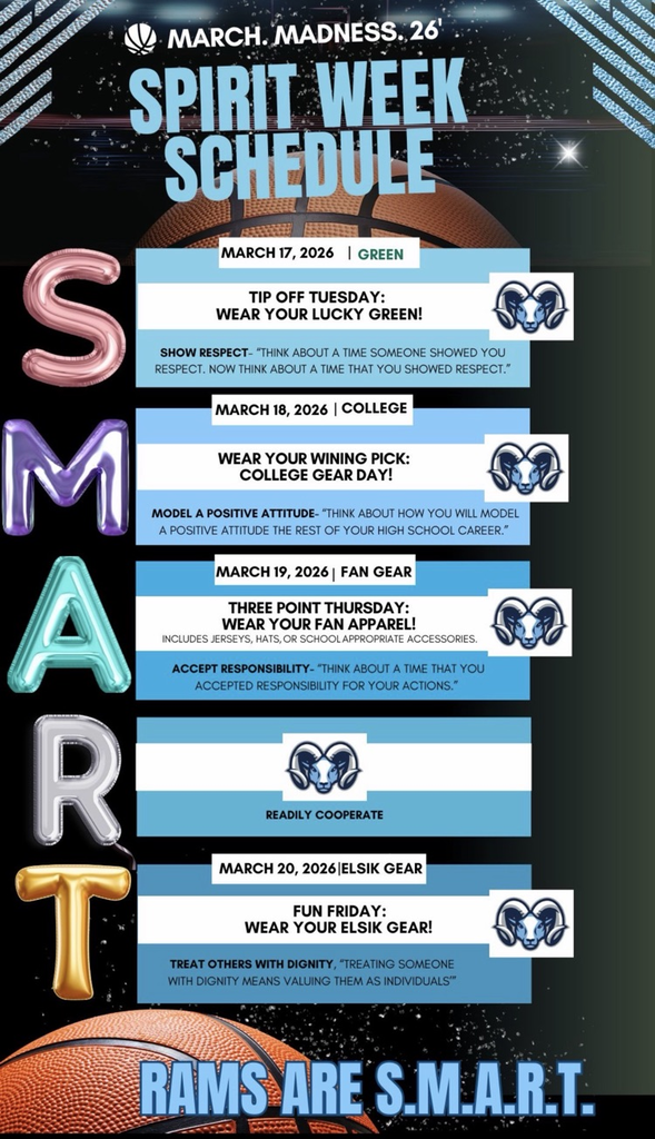 March Madness Spirit Week is here! Show your RAM pride March 17–20: Green Day, College Gear, Fan Gear, and Elsik Gear Friday. Let’s go Rams! #SMARTRams