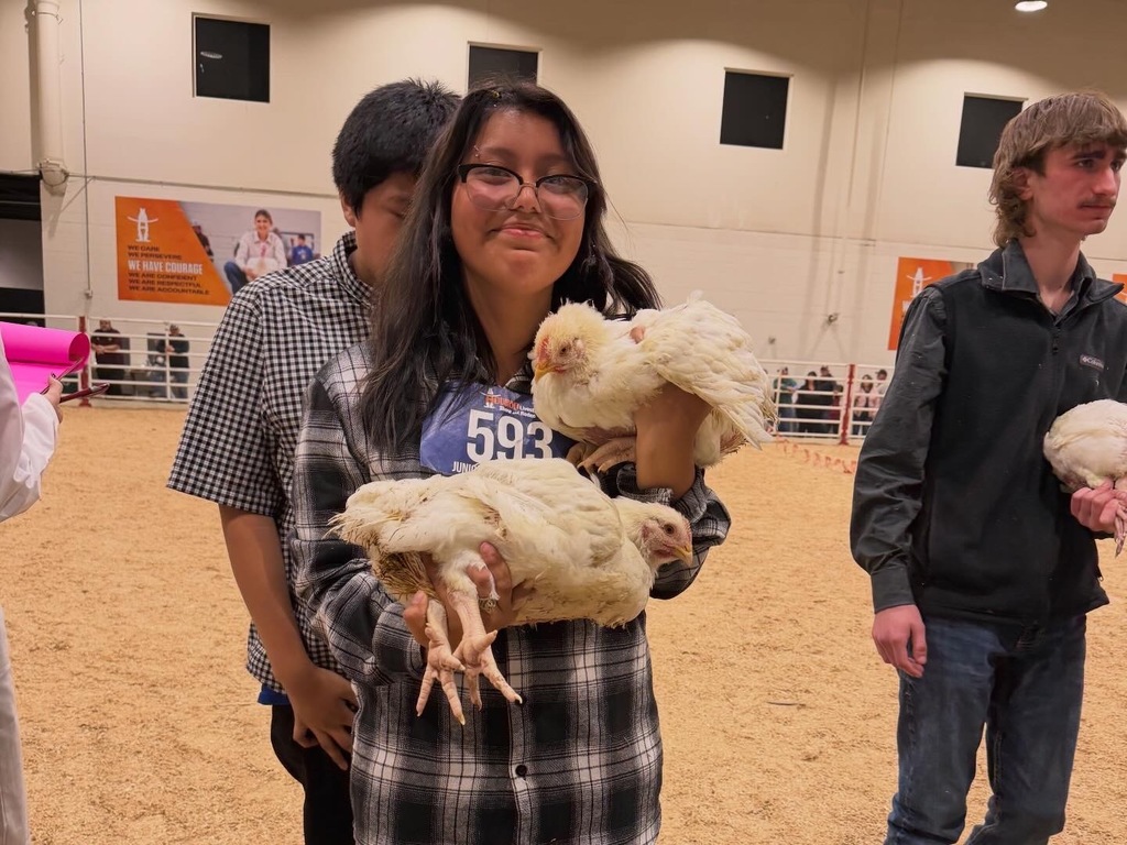 A person in a plaid shirt holds two chickens while two others stand behind them in an indoor arena.