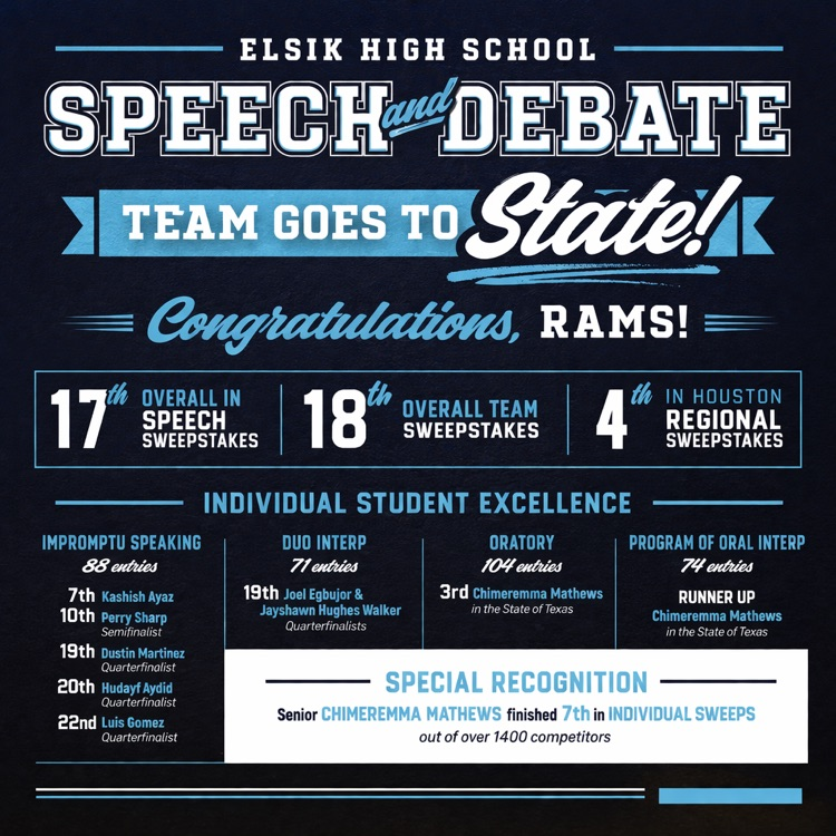 Elsik Speech & Debate goes to STATE! 💙🗣️ Our Rams placed 17th in Speech, 18th overall, and 4th in Houston Regionals. Huge congrats to all competitors, especially Chimeremma Mathews for her state honors! #MightyRams