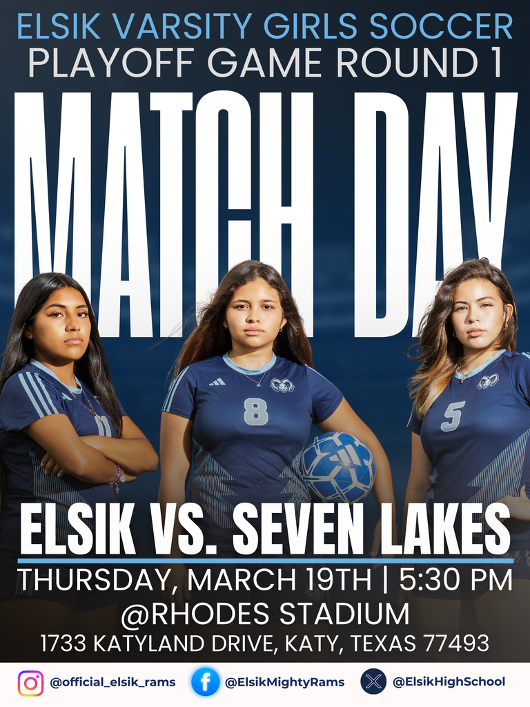 Three female soccer players in blue jerseys stand with a soccer ball. Names and numbers are on their jerseys.