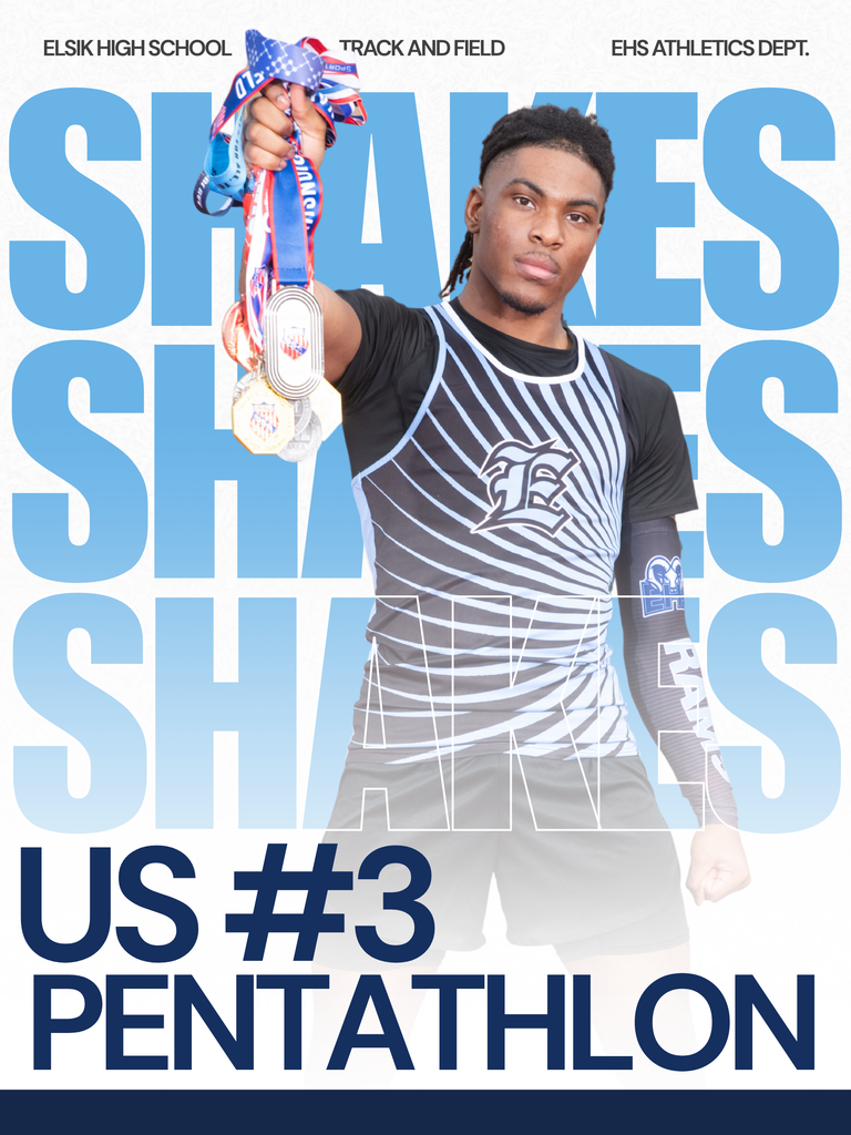 Athlete stands, holding three medals, wearing a black and gray sports uniform. Text reads "SHAKES SHAKES SHAKES" and "US #3 PENTATHLHON".