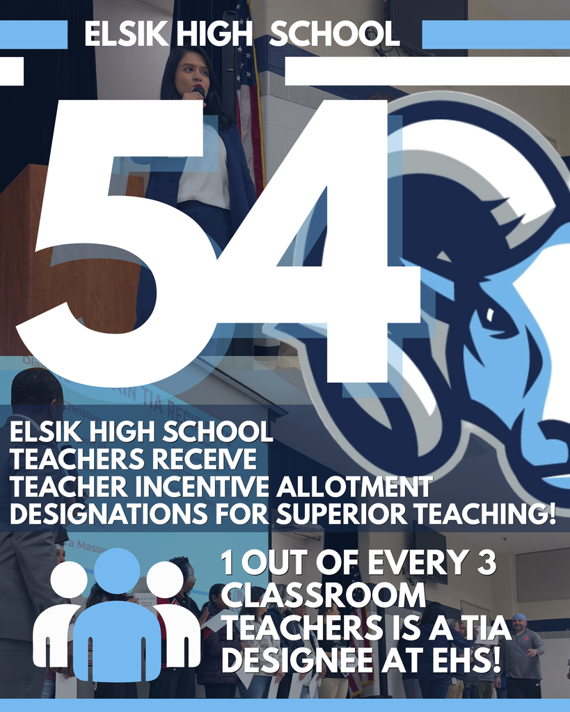 Graphic with blue and white colors. Number 54 is highlighted. Text reads "Elsik High School teachers receive Teacher Incentive Allotment designations for superior teaching!"