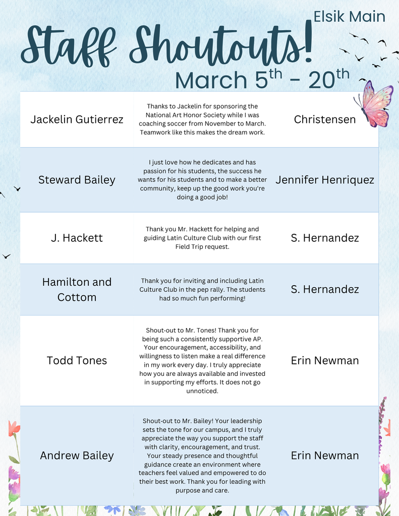 A colorful page displays "Staff Shoutouts!" from March 5th to 20th, with butterfly graphics and text highlighting staff appreciation.