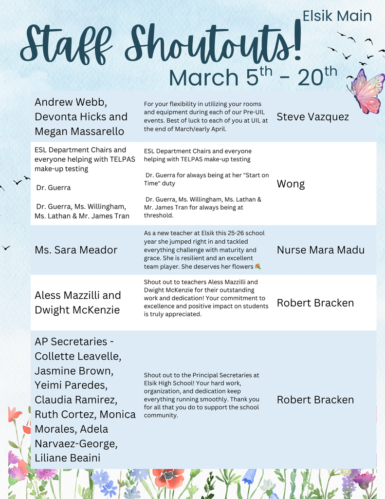A poster displays staff shoutouts from March 5 to 20. Names of staff are highlighted in different colors with accompanying accolades.