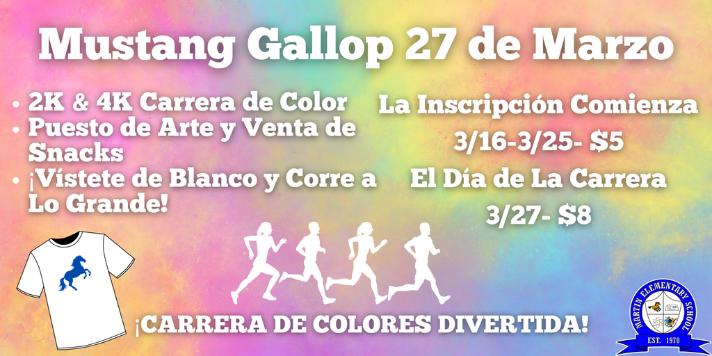 Bright colors with text and images. A t-shirt and runners. It reads "Mustang Gallop 27 de Marzo."