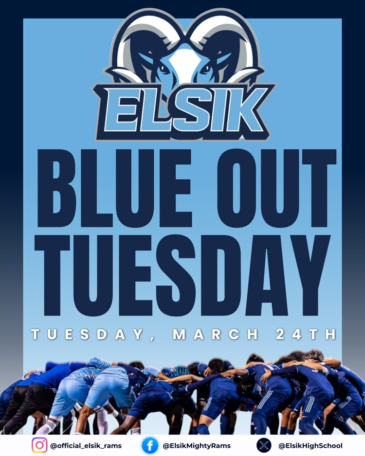 💙 TOMORROW IS A BLUE OUT! 💙  Join us as we cheer on our Elsik Varsity Boys Soccer team in Round 2 of the Playoffs! ⚽️🔥  Wear BLUE, show your pride, and let’s bring the energy for our Mighty Rams!  Good luck, Rams! #RamNation