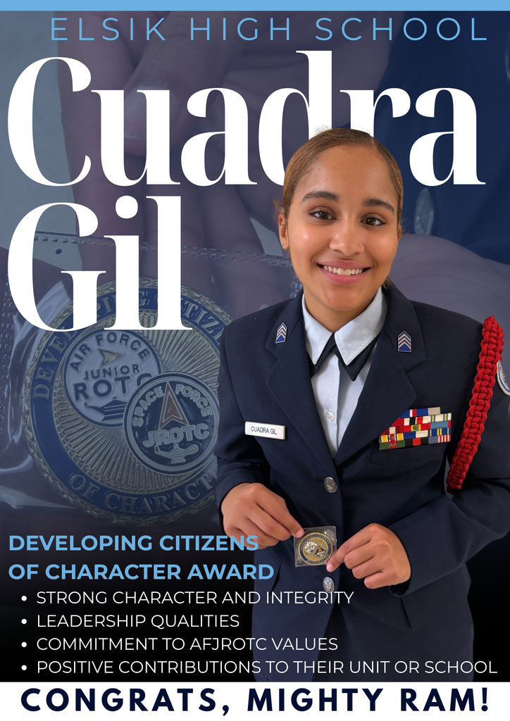 Elsik High School's Cuadra Gil, a cadet, holds a badge. Gil is smiling, wearing a uniform with medals, a red tassel, and an Air Force Junior ROTC emblem.