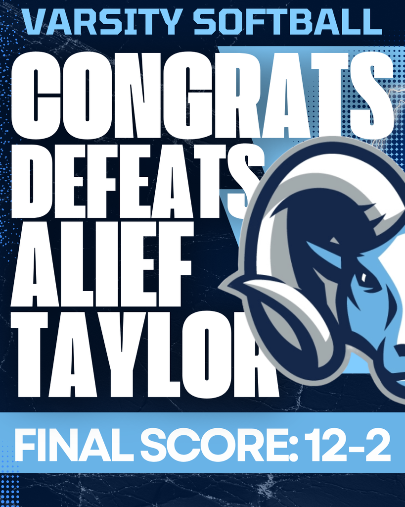 Blue and white graphic reads "CONGRATS DEFEATS ALIEEF TAYLOR FINAL SCORE: 12-2" with a ram mascot.