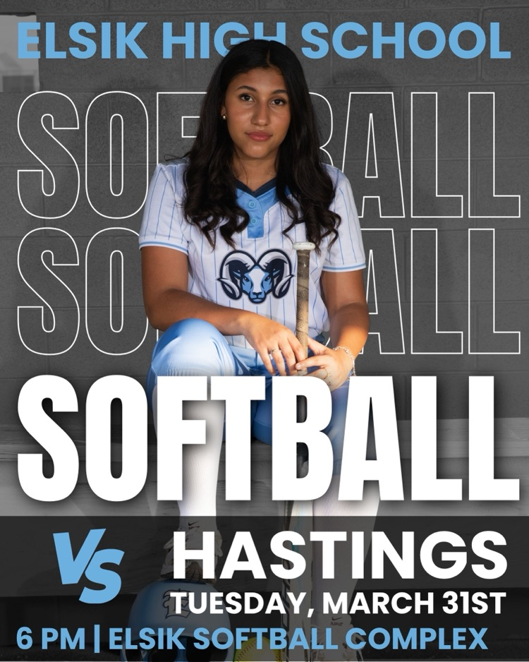 🥎 Game Day!  Elsik Varsity Softball takes on Hastings!  🗓️ Tuesday, March 31  ⏰ 6 PM  📍 Elsik Softball Complex Come out and cheer on the Rams! 💙🐏 #ElsikSoftball #GameDay 