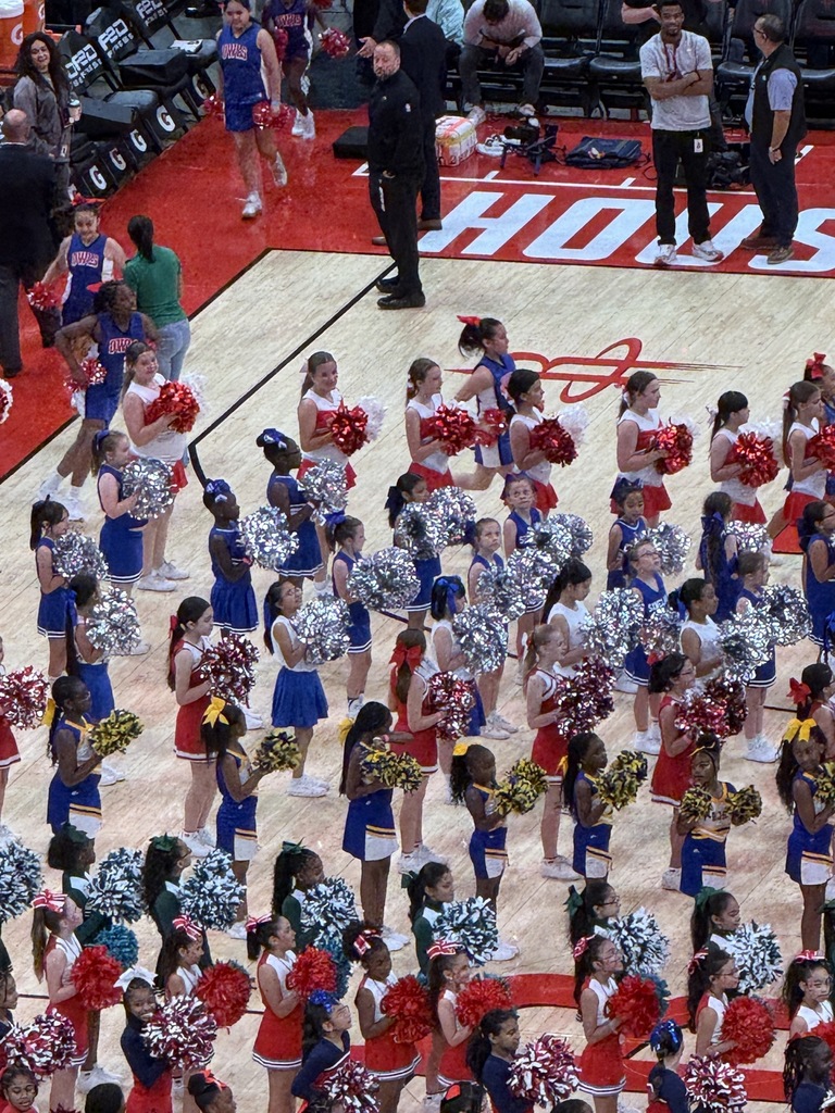 Martin's Cheer Team showing their skills during a Rockets halftime show