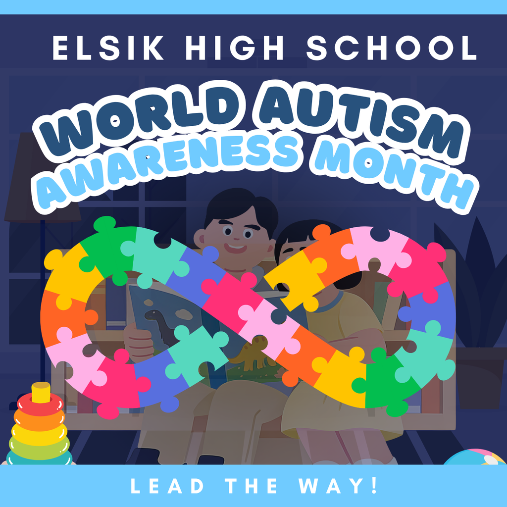 Illustration with an infinity sign of puzzle pieces around two children reading, with "World Autism Awareness Month" text.