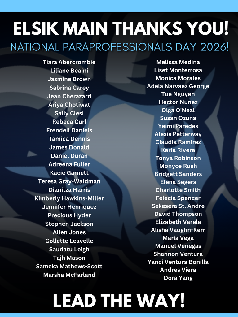 White background with blue text. Names of individuals listed in two columns. "ELSIK MAIN THANKS YOU! NATIONAL PARAPROFESSIONALS DAY 2026!" at top. "LEAD THE WAY!" at bottom.