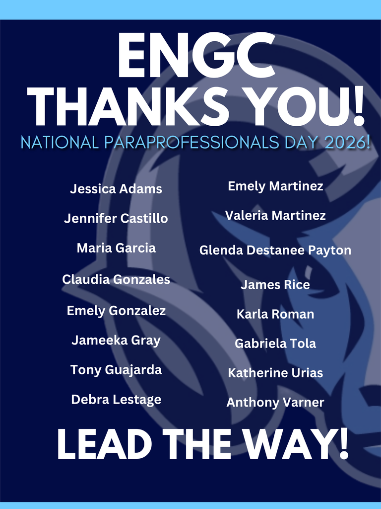 Poster with a blue background, listing names of individuals. Text reads: "ENGC THANKS YOU! NATIONAL PARAPROFESSIONALS DAY 2026!"