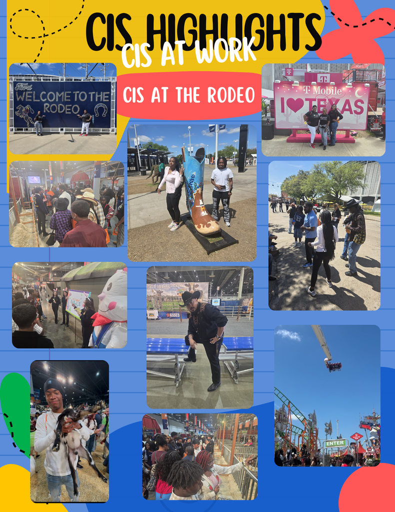 A collage of photos showing various scenes at an event, including people walking and riding rides. Text reads "CIS HIGHLIGHTS" and "CIS AT THE RODEO".