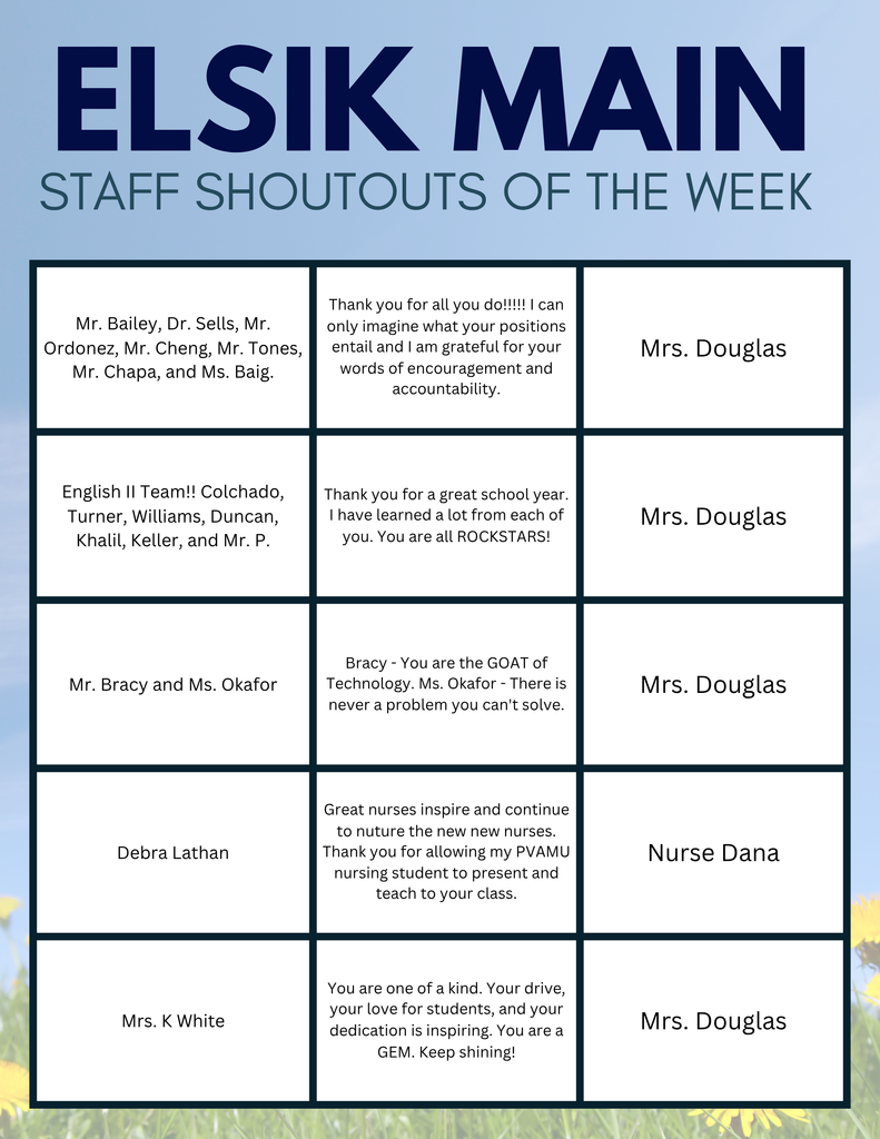 Document displays "ELSIK MAIN STAFF SHOUTOUTS OF THE WEEK" in blue. Names and messages are listed. Background is light blue.