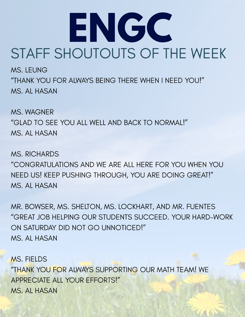 A white background displays blue text reading "ENGC Staff Shoutouts of the Week". Below, there are quotes from Ms. Al Hasan thanking various staff members.