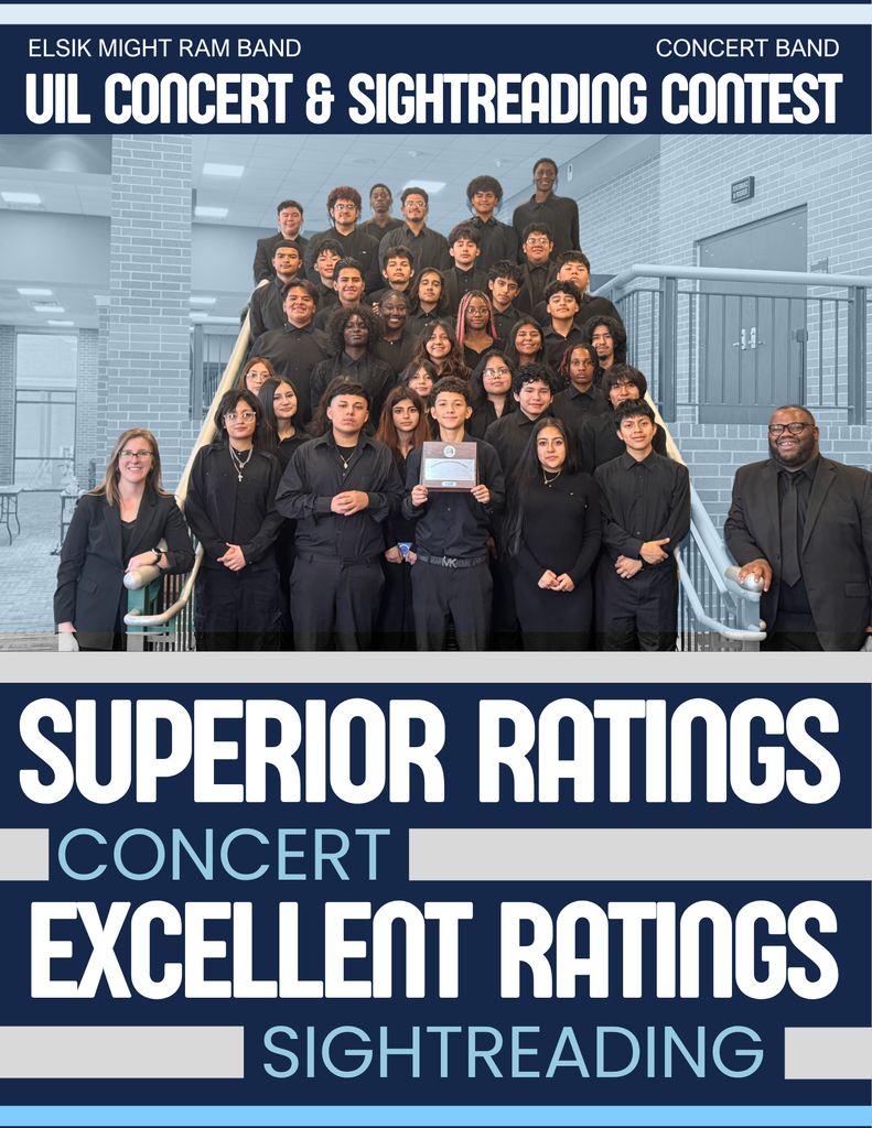 A band team stands on stairs, with one person holding a trophy. Text highlights "Superior Ratings" for concert and sightreading.