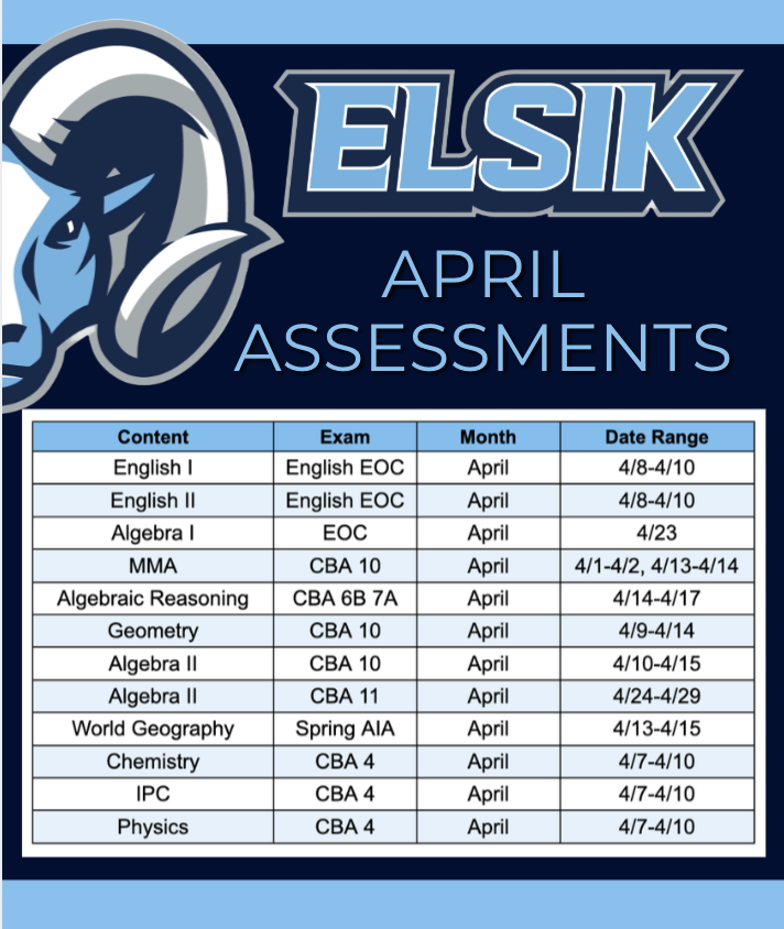 Document with blue and white background. Title "ELSIK APRIL ASSESSMENTS" above a chart. Chart contains exam dates for April.