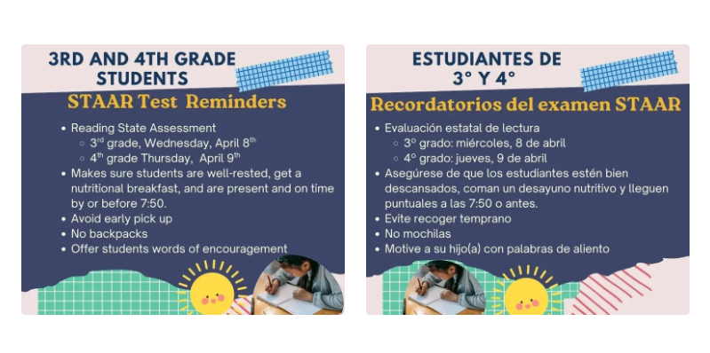 Two posters for 3rd and 4th grade students. The left poster has English text. The right has Spanish text. Both posters feature a child studying.