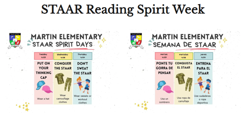 Two posters with "STAAR Reading Spirit Week" at the top. Each poster shows daily themes, activities, and phrases.