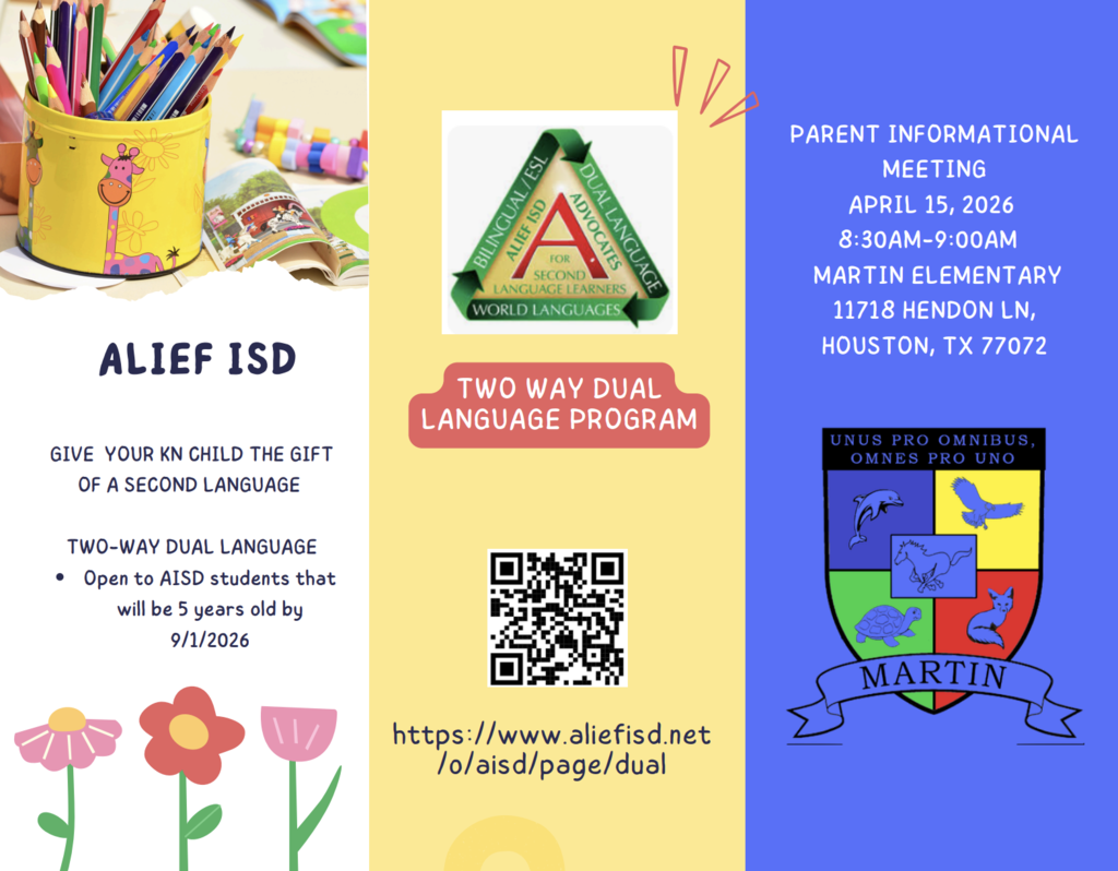 Flyer for Alief ISD's Two Way Dual Language Program. Features a yellow pencil holder, colorful pencils, flowers, and an Alief ISD logo.
