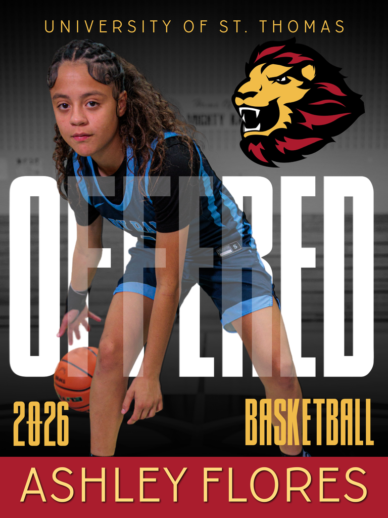 A basketball player named Ashley Flores stands with a ball, wearing a blue jersey. The poster includes text "OFFERED 2026 BASKETBALL" and a lion logo.