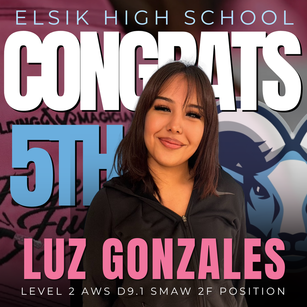 A smiling female in a black jacket stands before a backdrop of Elsik High School's logo. Text reads "CONGRATS 5TH" and "LUZ GONZALES."