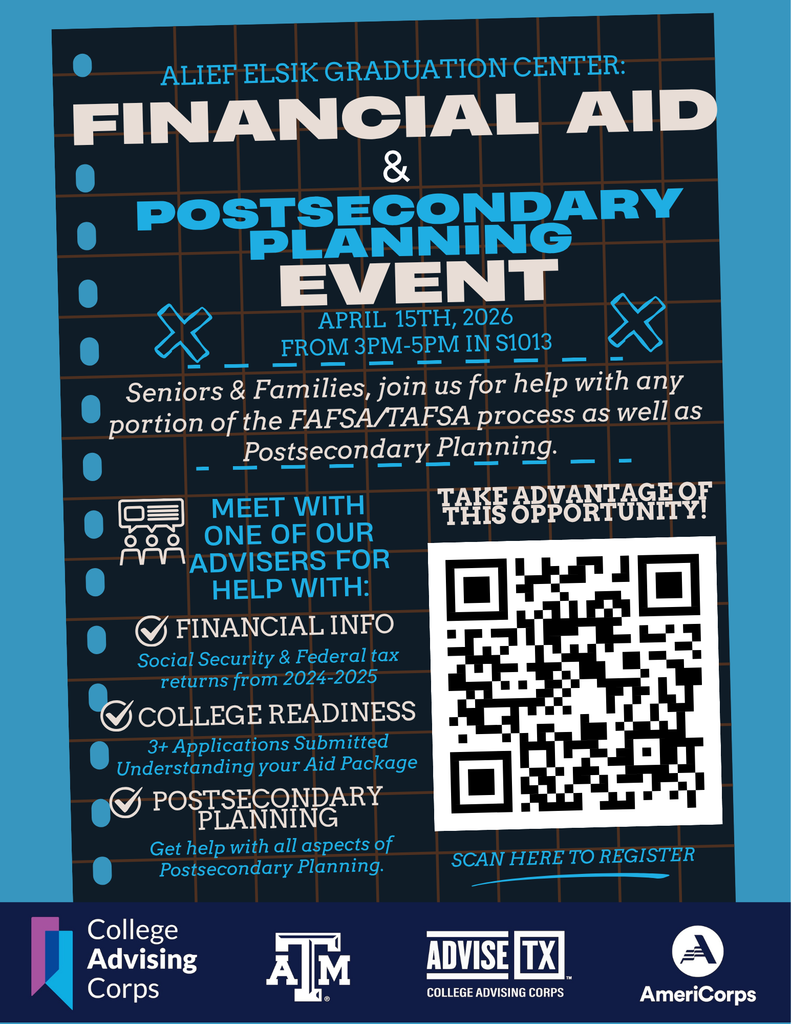An advertisement for a financial aid event for seniors and families, including a QR code, icons, and details about the date and time.