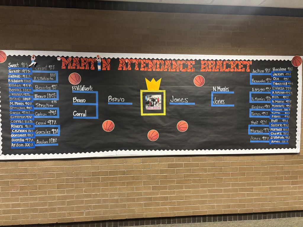 A black bulletin board displays an attendance bracket with names and basketball icons. "MARTIN ATTENDANCE BRACKET" is at the top.