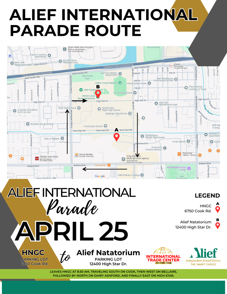 Map of the route for the Alief International Parade on April 25, with a legend and locations marked.