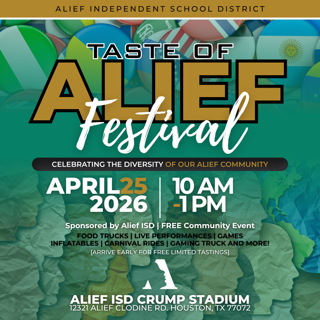 Poster with a blue background. "Taste of Alief Festival" is at the top. Date, time, and location are below.