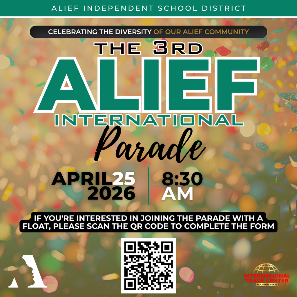 An event poster shows a colorful background with confetti. "The 3rd Alief International Parade" is highlighted. Date: April 25, 2026. Time: 8:30 AM. QR code present.