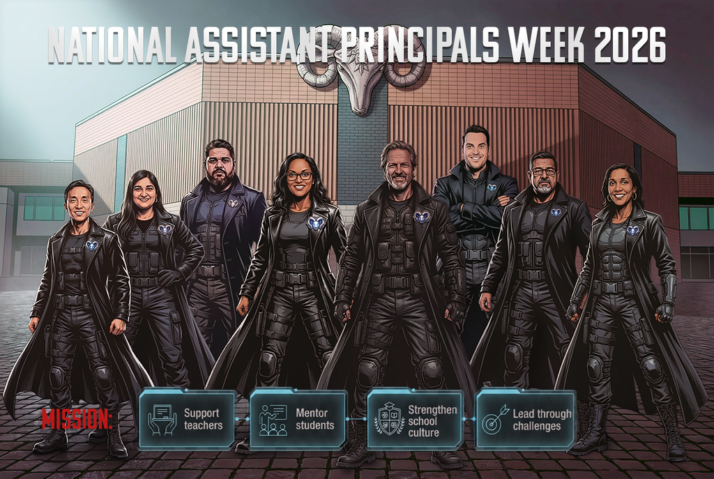 Nine individuals in matching leather coats stand in front of a building, with text reading "National Assistant Principals Week 2026."