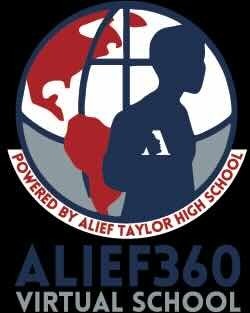Logo features globe with a person silhouette. "Alief Taylor High School" and "Alief360 Virtual School" are written in red and blue.