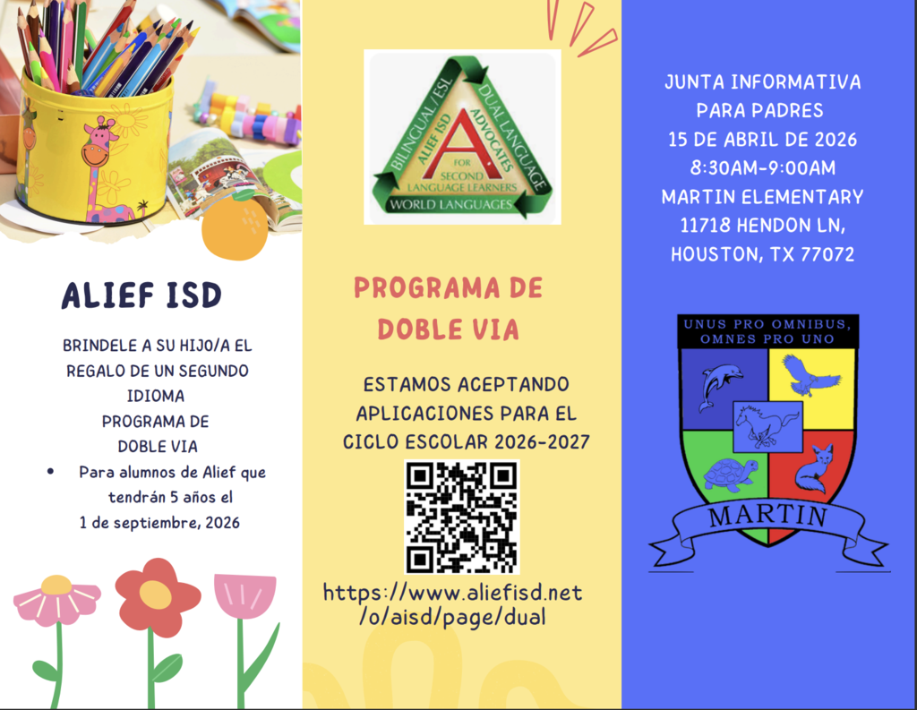 A flyer for Martin Elementary's bilingual program, featuring a colorful layout, a QR code, and logos for Alief ISD and Martin.