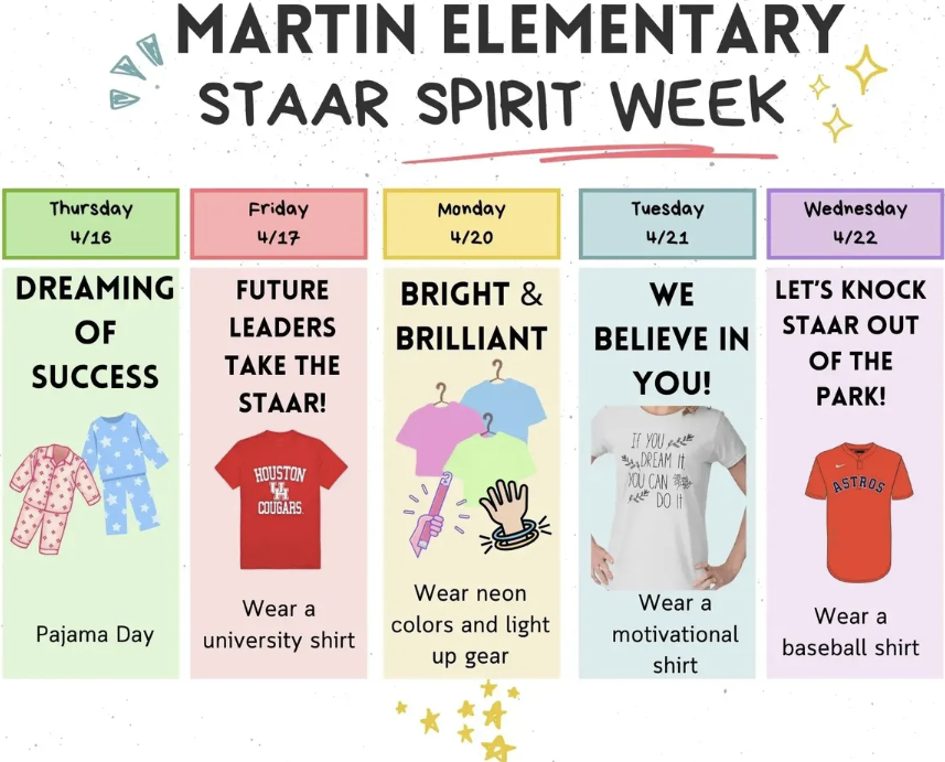 Poster with five color-coded blocks. Each block has an event name, date, and description.