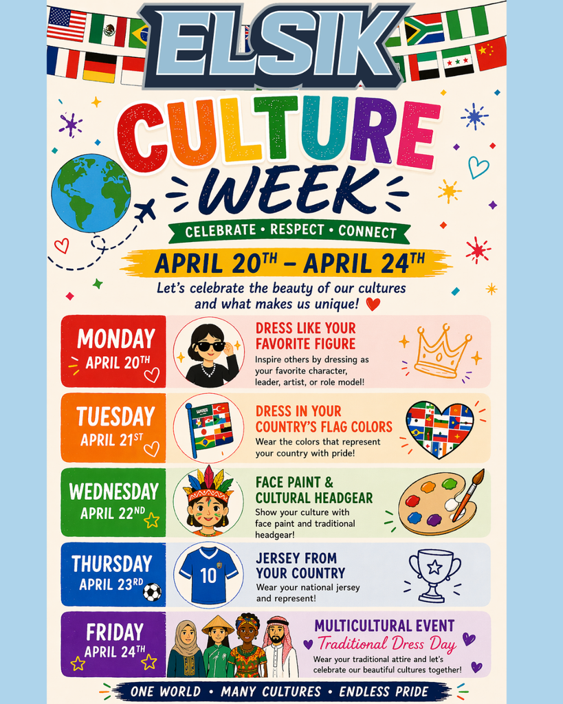 🌍 Culture Week is coming! Join us April 20–24 as we celebrate traditions from around the world with themed dress days, cultural activities, and a multicultural event. One world, many cultures—let’s celebrate together!