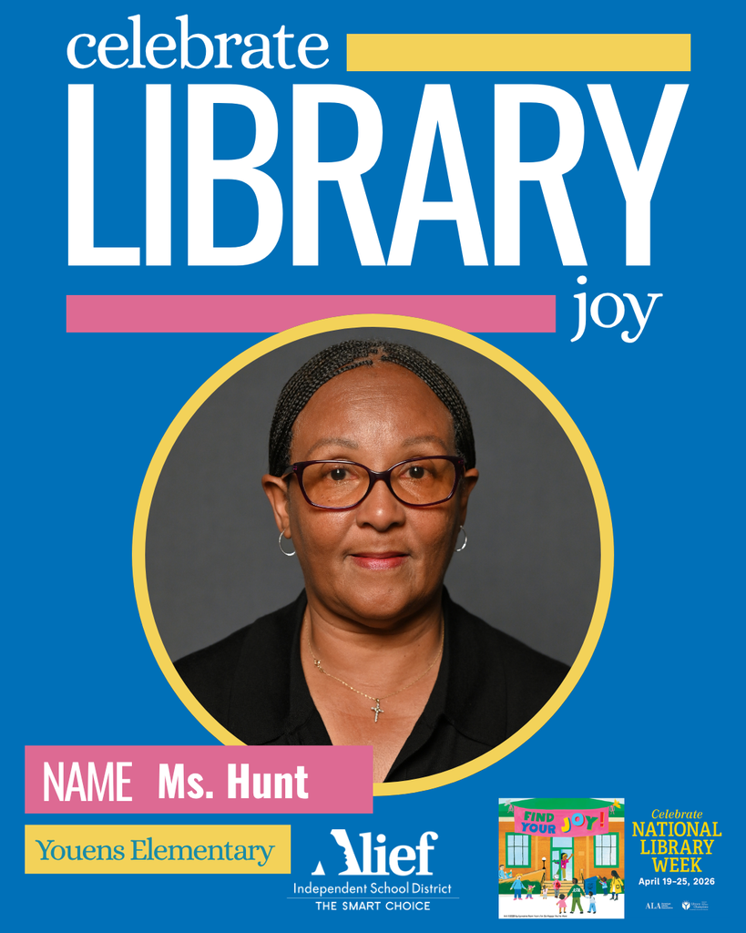 Poster with "Celebrate Library Joy" in bold. Woman named Ms. Hunt from Youens Elementary, wearing glasses and a necklace.