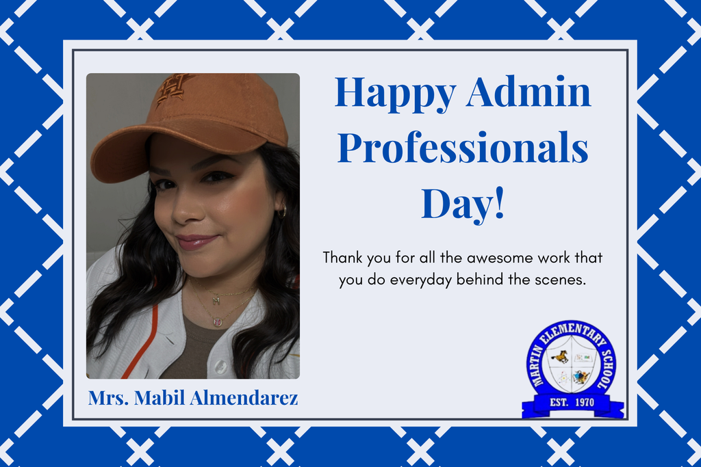 A card with a woman's photo and text "Happy Admin Professionals Day!" on a blue and white patterned background.