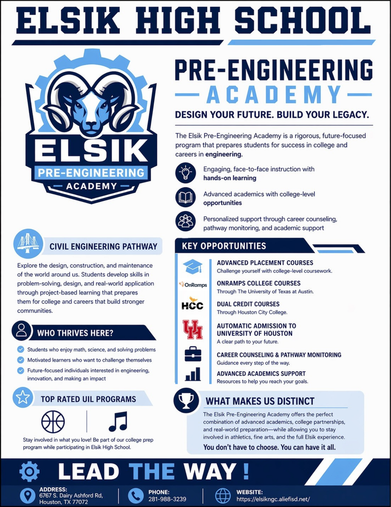 An advertisement for Elsik High School Pre-Engineering Academy displays its logo, program details, and opportunities, set against a white background.