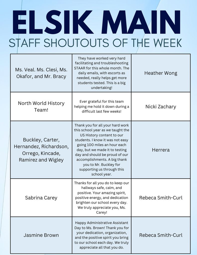 A white page with blue borders shows a document titled "Elsik Main Staff Shoutouts of the Week." Names and accolades for staff members are listed.