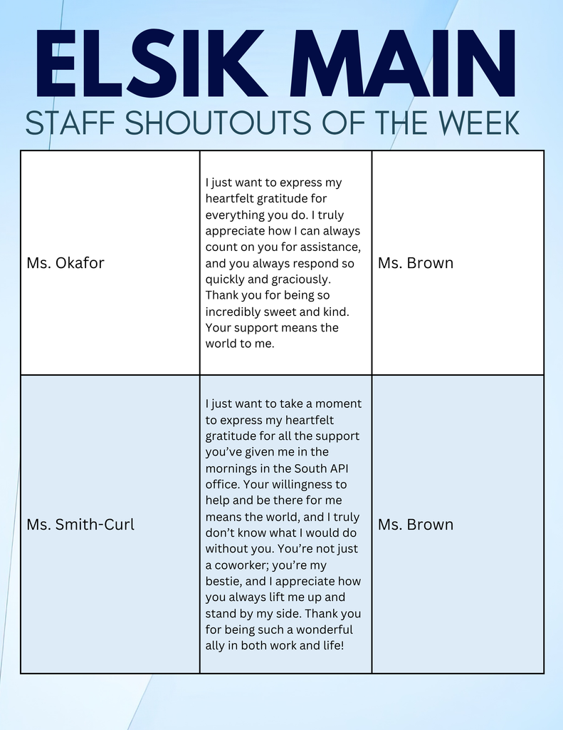 Blue and white background with text reading "ELSIK MAIN STAFF SHOUTOUTS OF THE WEEK". Two messages express gratitude for support and kindness.