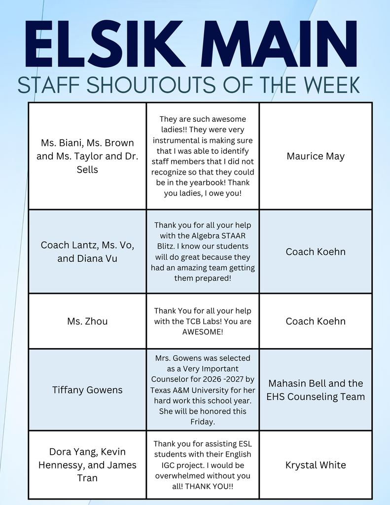 An image shows a table listing staff shoutouts with names and messages, set against a blue background.