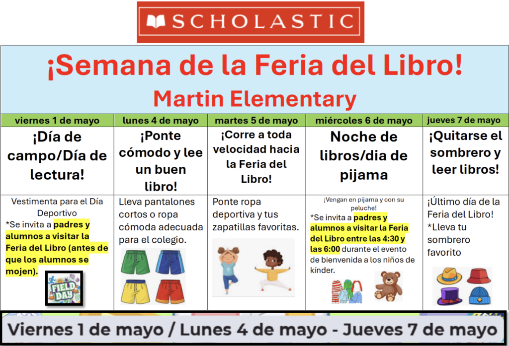 Display featuring "Semana de la Feria del Libro" schedule with dates and activities from May 1 to May 7. Activities include "Día de campo/Día de lectura!" and "Ponle un libro en un buen lugar."